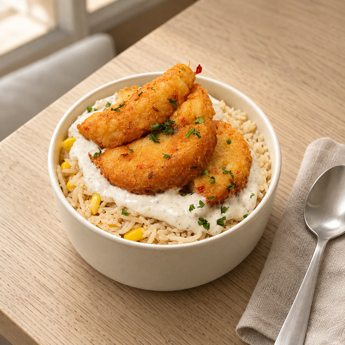 Creamy Aloo Tikki Rice Bowl
